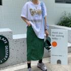 Short-sleeve Cartoon Print T-shirt / Leopard Print Midi A-line Skirt