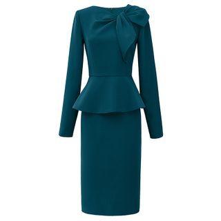 Long-sleeve Bow Midi Peplum Dress