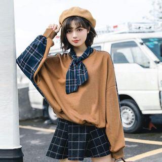 Plaid Panel Pullover / Mini A-line Skirt