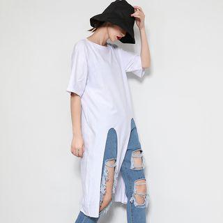 Plain Cut-out Short-sleeve Long T-shirt White - One Size