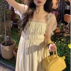 Puff-sleeve Mesh Panel Midi Smock Dress