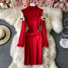 Cold Shoulder Lace Trim Knit Dress