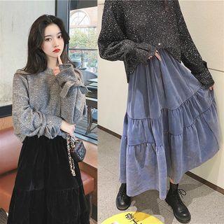 Glittered Bell-sleeve Loose-fit Top / Velvet Skirt