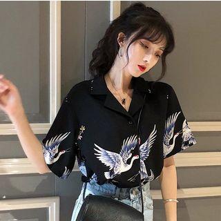 Cranes Print Short-sleeve Blouse