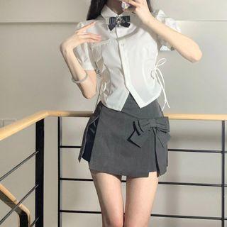Short-sleeve Plain Shirt / Bow Accent Skort