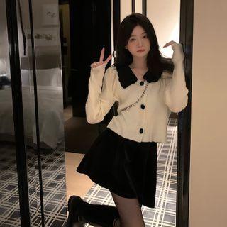 Peter Pan Collar Color Block Long-sleeve Cardigan / High-waist Velvet A-line Skirt