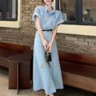 Short-sleeve Pocket Detail Denim Shirt / Midi A-line Skirt