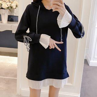 Long-sleeve Pleated Panel Mini Hoodie Dress