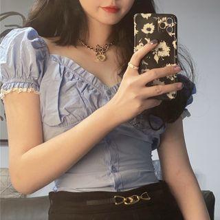 Short-sleeve Lace Trim Blouse Blue - One Size