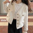 Long Sleeve Single Breasted Frayed Plain Tweed Cropped Cardigan