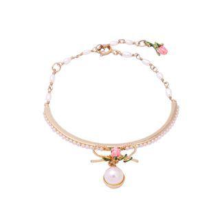 Fashion Elegant Plated Gold Enamel Flower Ribbon Imitation Pearl Bangle Golden - One Size