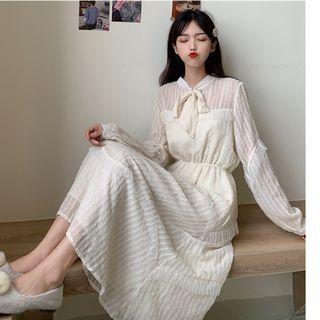 Long-sleeve Chiffon Midi Dress Almond - One Size
