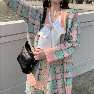 Plaid Cardigan / A-line Skirt / Bow Blouse