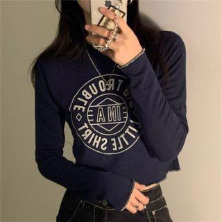 Long-sleeve Print T-shirt Navy Blue - One Size