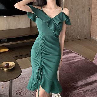 Cold-shoulder Ruffled Drawstring A-line Dress