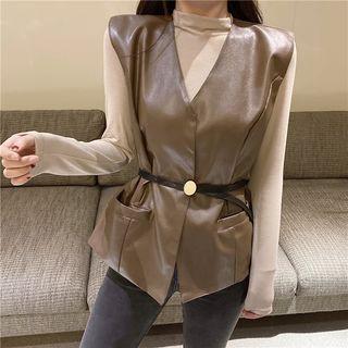 Faux-leather Sleeveless Top / Mock Neck Plain Top