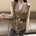 Faux-leather Sleeveless Top / Mock Neck Plain Top