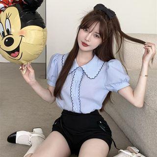 Short-sleeve Contrast Trim Blouse / Hot Pants