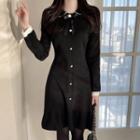 Piped Faux-pearl Knit Dress With Brooch Black - One Size