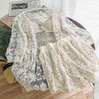 Set: Lace Camisole Top + Shorts + Light Jacket Camisole Top & Shorts & Light Jacket - Almond - One Size