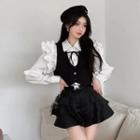 Ruffle Shirt / Single-breasted Cropped Vest / Mini Tiered Skirt / Belt / Set