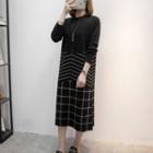 Patterned Long-sleeve Midi A-line Knit Dress