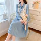 Set: Long-sleeve Tie-neck A-line Dress + Lace Vest