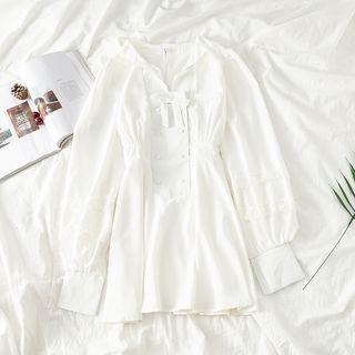 Long-sleeve Lace-trim Plain Dress White - One Size