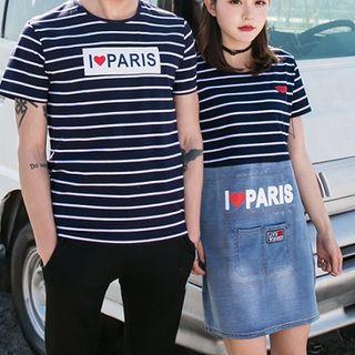 Couple Matching Striped Short-sleeve T-shirt / Denim Panel Short-sleeve T-shirt Dress