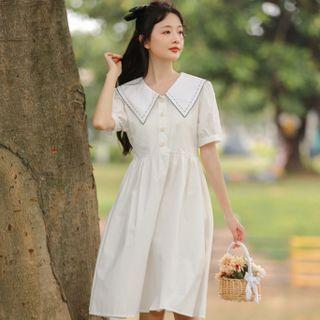 Puff-sleeve Wide-collar Midi A-line Dress