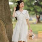 Puff-sleeve Wide-collar Midi A-line Dress