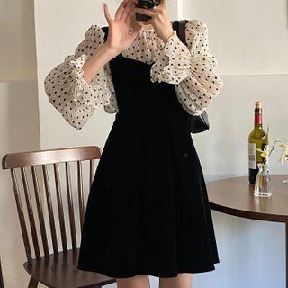 Bell-sleeve Polka Dot Blouse / Plain Pinafore Dress