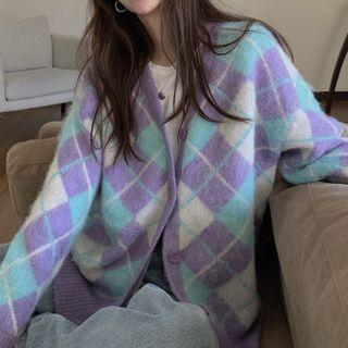 Argyle Print Cardigan Purple & Light Blue - One Size