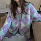 Argyle Print Cardigan Purple & Light Blue - One Size