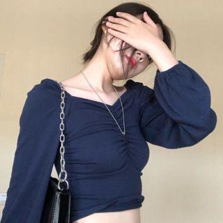 Ruched Puff-sleeve Cropped Top Blue - One Size