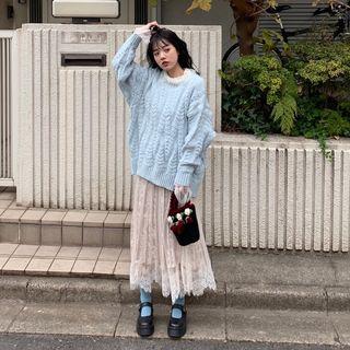 Lace Bell-sleeve Blouse / Knit Long Sleeve Sweater / Lace A-line Velvet Skirt