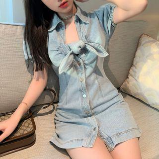 Puff-sleeve Denim Tie-neck A-line Mini Shirtdress