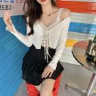 Lace Trim Camisole Top / Lace-up Long Sleeve Cropped Cardigan / Pleated A-line Skirt