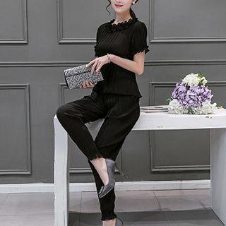 Set: Frill Trim Pleated Short-sleeve Top + Pants
