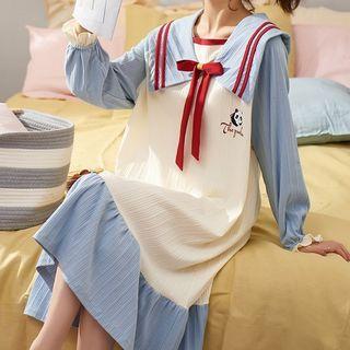 Long-sleeve Sailor Collar Panda Print Sleep Dress