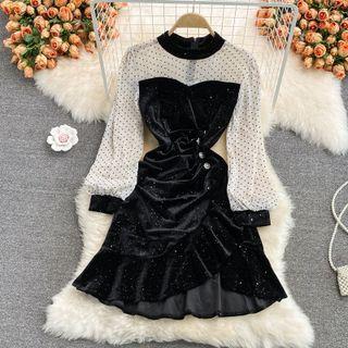 Dotted Mesh Panel Ruffle Velvet Dress
