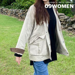 Plus Size Contrast-trim Snap-button Safari Jacket