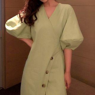 V-neck Puff-sleeve Dress Avocado - One Size