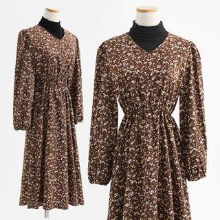 Set: Mock-neck Long-sleeve T-shirt + Puff-sleeve Floral Print A-line Dress