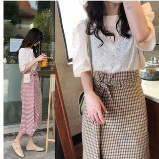 Elbow-sleeve Perforated Blouse / Plaid A-line Midi Skirt