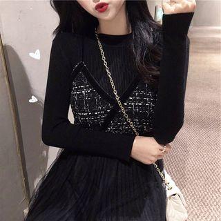 Set: Plain Knit Top + Spaghetti Strap Midi Mesh Dress