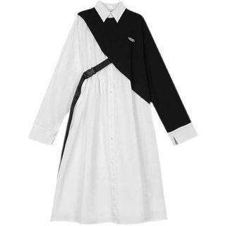 Long-sleeve Buckled Two-tone Midi A-line Shirtdress