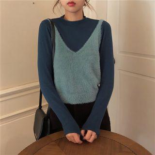 Faux Fur Camisole / Long-sleeve Plain Top