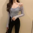 Long-sleeve Cropped Mesh Top / Drawstring Camisole Top
