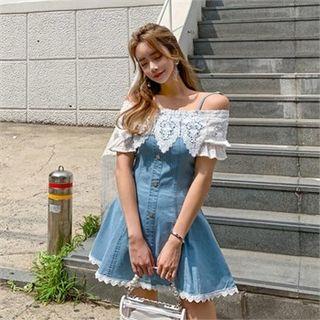 Off-shoulder Lace-trim Denim Minidress Light Blue - One Size